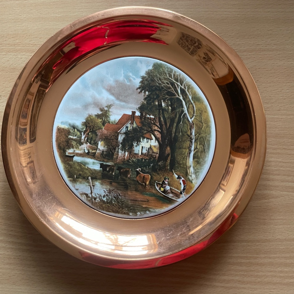 Vintage Copper and Ceramic tile Decorative Plate with Scenic Artwork round